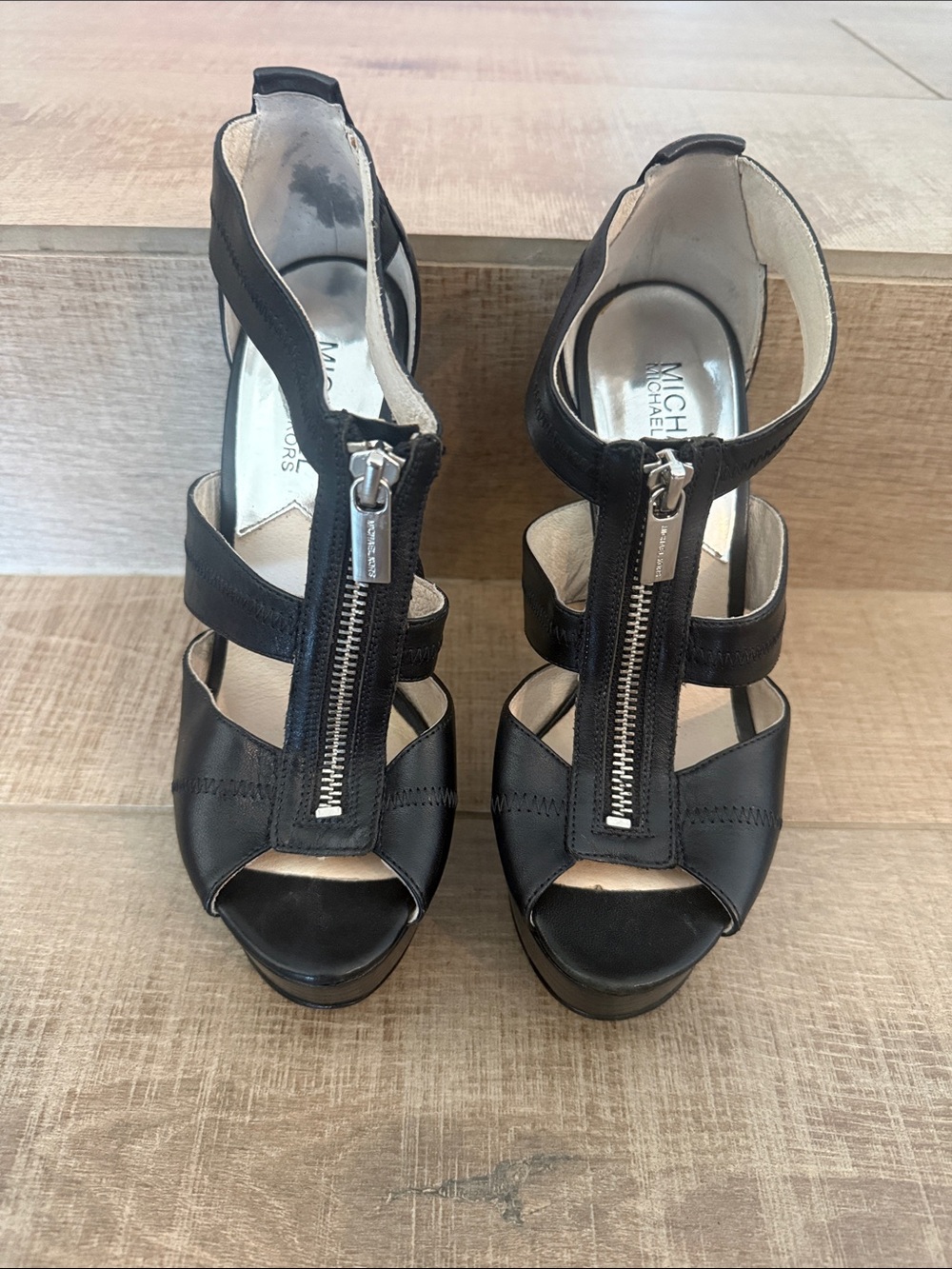 Michael Kors Black Leather Zip-Front High Heel Sandals